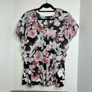 Adele & May Pink and Black Floral Blouse Layered Stretch XL Wedding